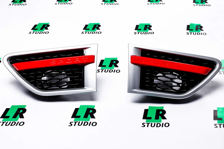 Решетки крыльев жабры Range Rover Sport 2010-2012 cеребрянное основание, черные внутри, красный кант