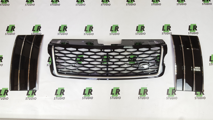 Комплект решетка + жабры Range Rover 2013-2017 черная стиль SVO, жабры черные хром